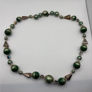 Vintage 1950s Japan Green Beaded Necklace – Hand-Painted & Faux Pearl Beads